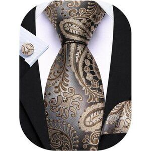 Mens Paisley Tie Set with Pocket Square Cufflinks Formal Wedding Business